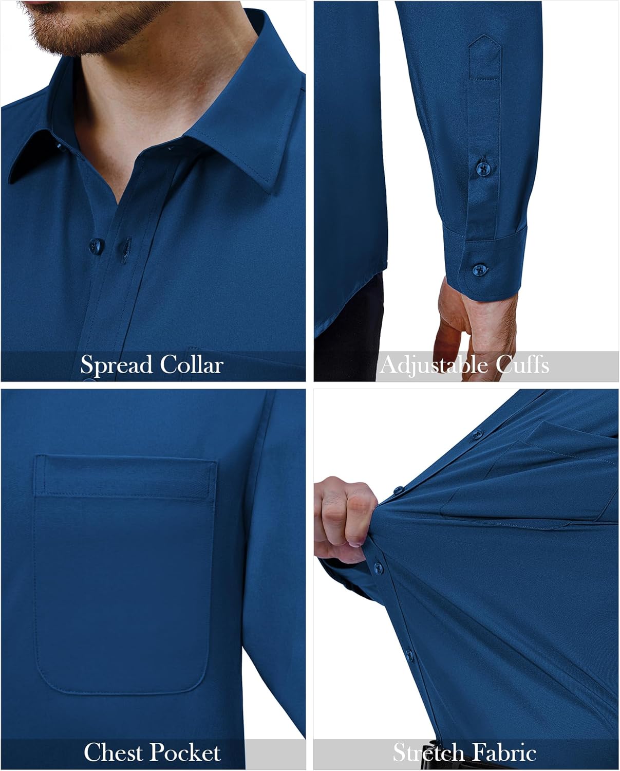 Mens Dress Shirts Stretch Long Sleeve Collared Casual Solid Wedding Dating Shirt - Bild 46 von 152