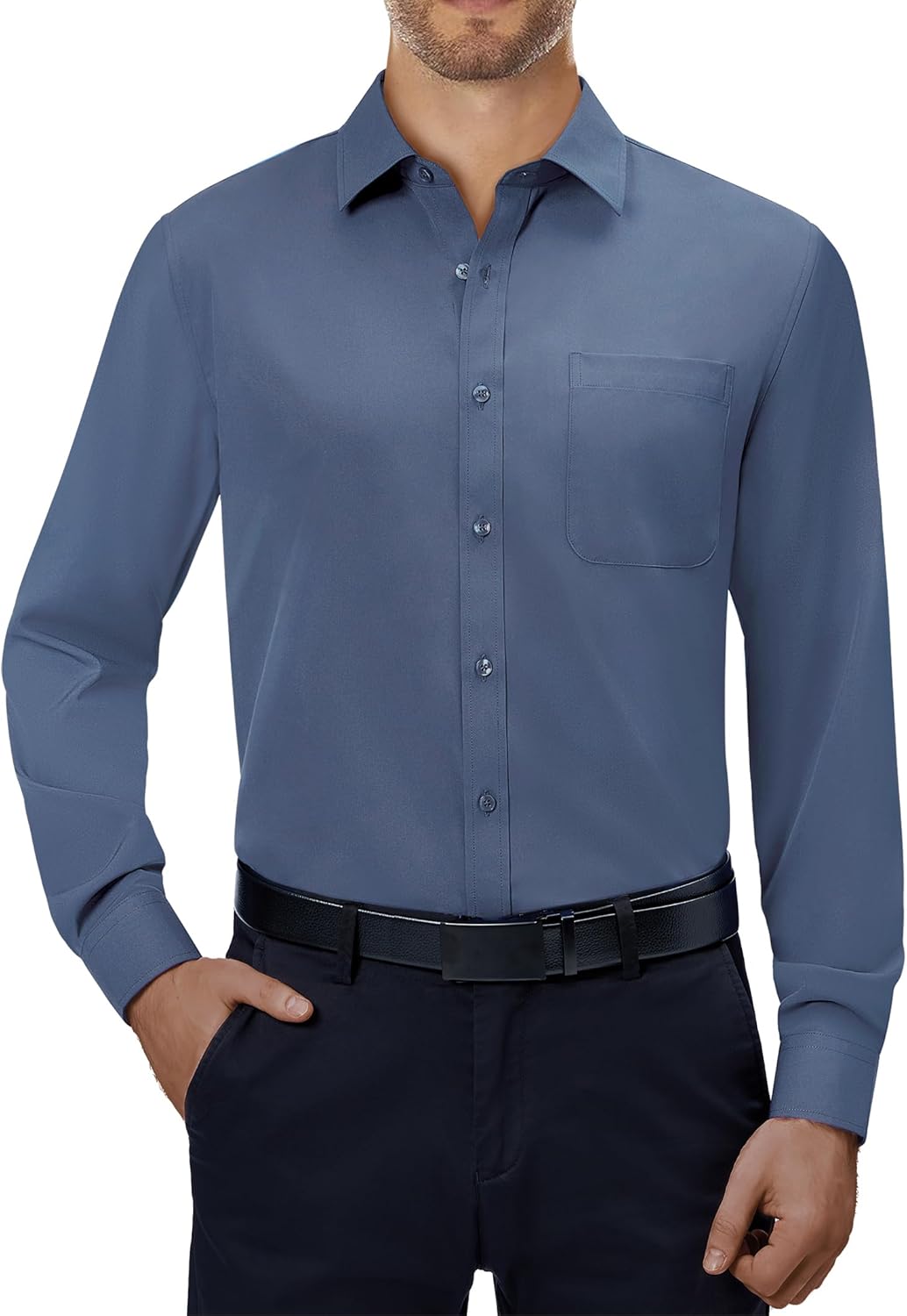 Mens Dress Shirts Stretch Long Sleeve Collared Casual Solid Wedding Dating Shirt - Bild 48 von 152