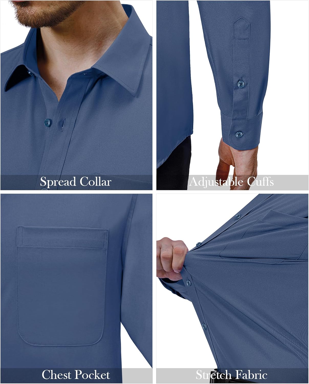 Mens Dress Shirts Stretch Long Sleeve Collared Casual Solid Wedding Dating Shirt - Bild 51 von 152
