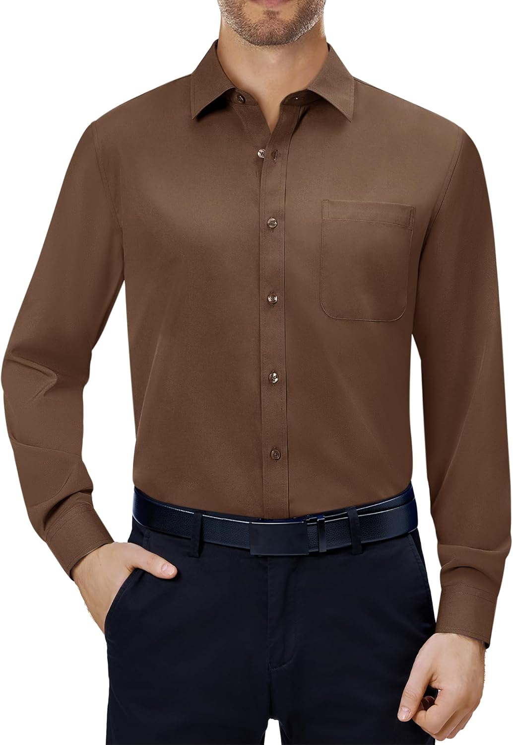 Mens Dress Shirts Stretch Long Sleeve Collared Casual Solid Wedding Dating Shirt - Bild 53 von 152