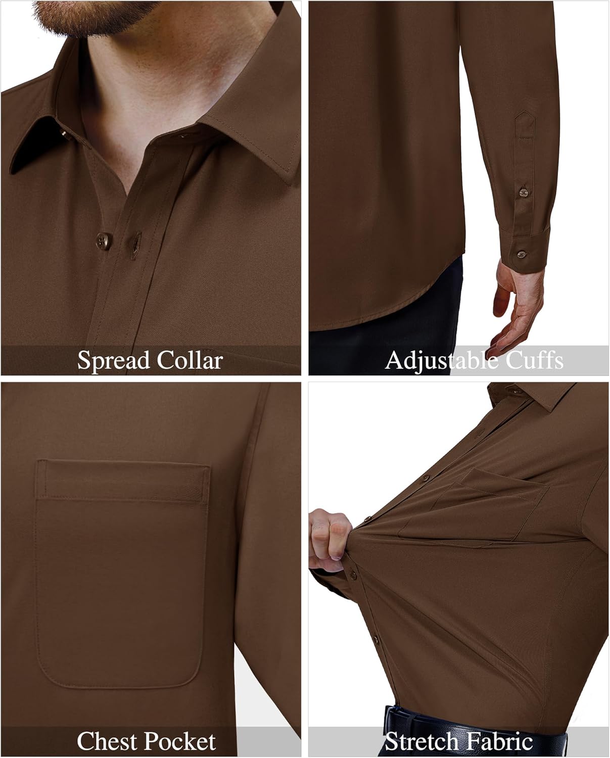 Mens Dress Shirts Stretch Long Sleeve Collared Casual Solid Wedding Dating Shirt - Bild 56 von 152