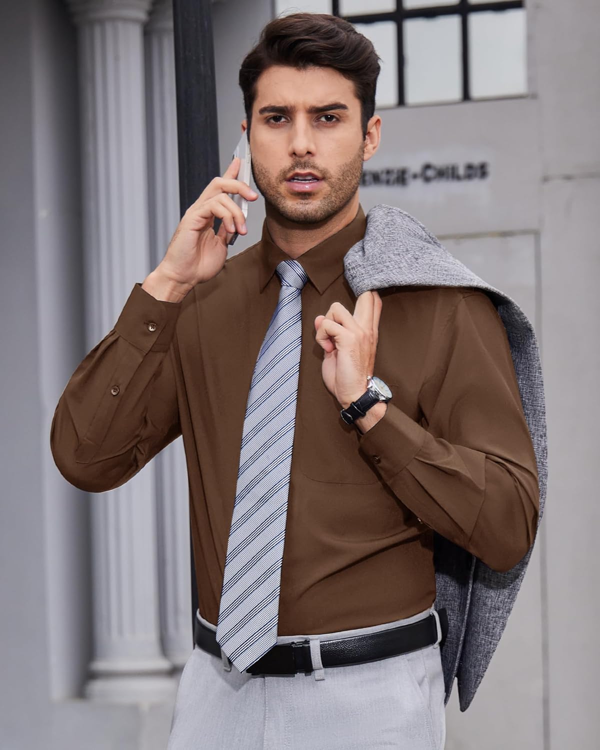 Mens Dress Shirts Stretch Long Sleeve Collared Casual Solid Wedding Dating Shirt - Bild 57 von 152