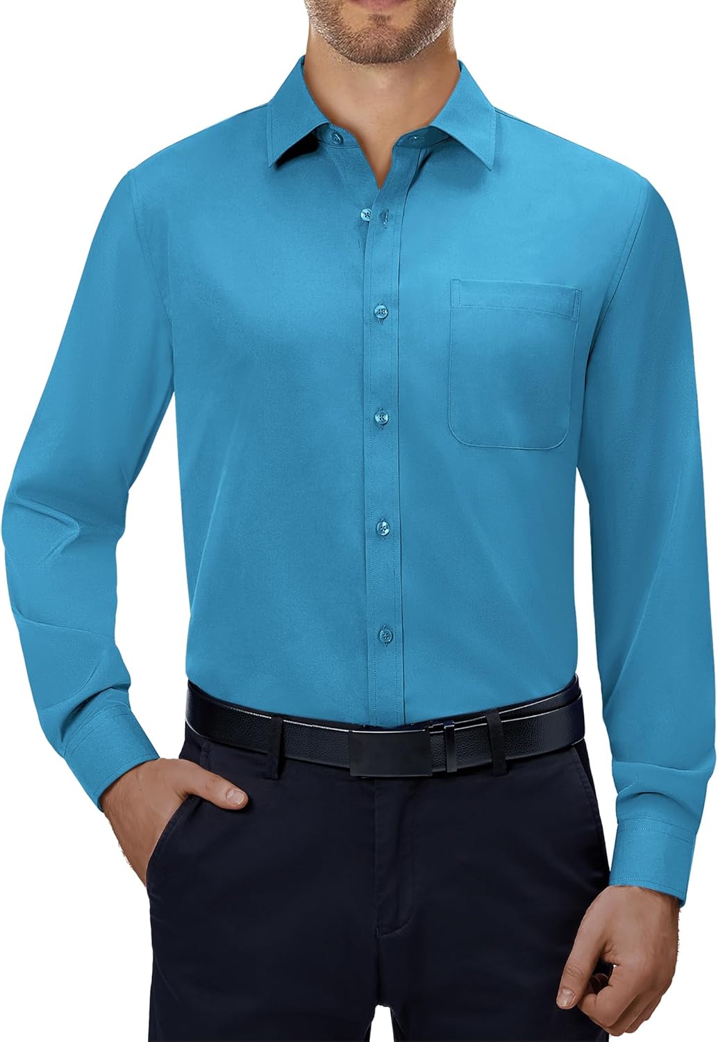 Mens Dress Shirts Stretch Long Sleeve Collared Casual Solid Wedding Dating Shirt - Bild 58 von 152