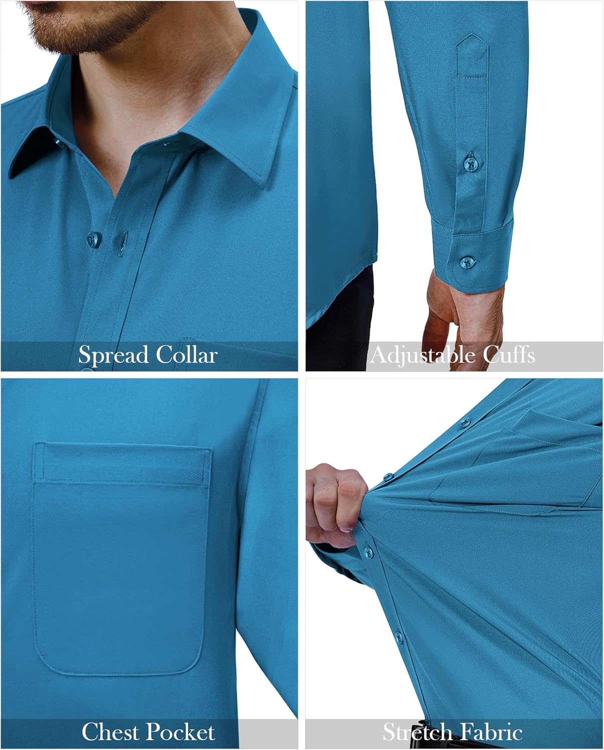 Mens Dress Shirts Stretch Long Sleeve Collared Casual Solid Wedding Dating Shirt - Bild 61 von 152