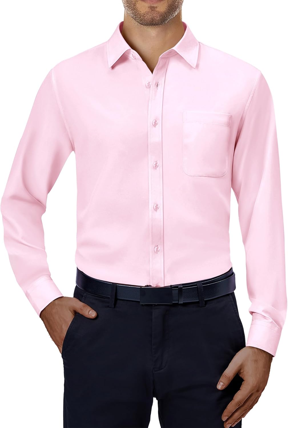 Mens Dress Shirts Stretch Long Sleeve Collared Casual Solid Wedding Dating Shirt - Bild 63 von 152