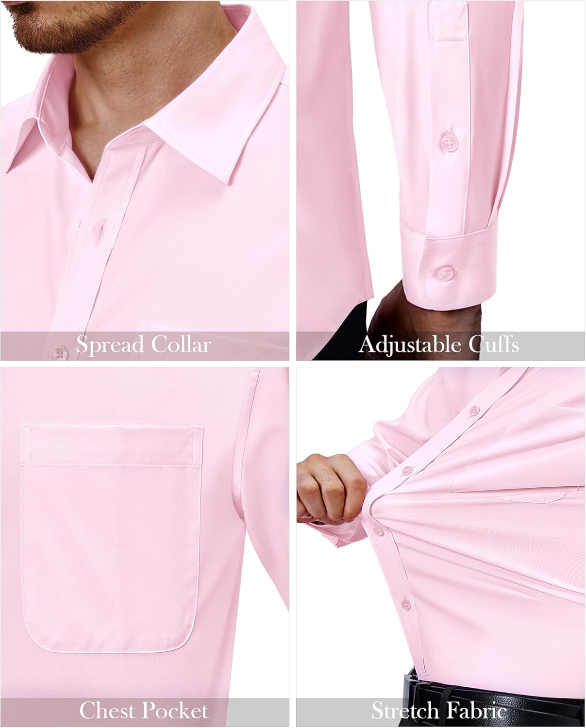 Mens Dress Shirts Stretch Long Sleeve Collared Casual Solid Wedding Dating Shirt - Bild 66 von 152