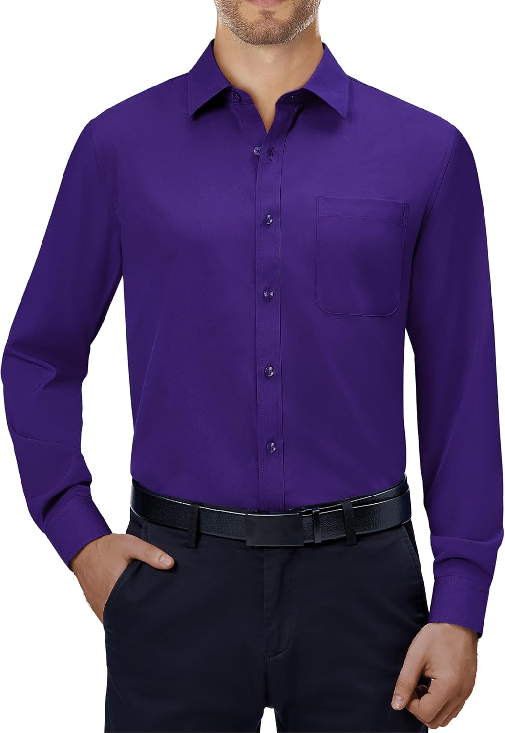 Mens Dress Shirts Stretch Long Sleeve Collared Casual Solid Wedding Dating Shirt - Bild 68 von 152
