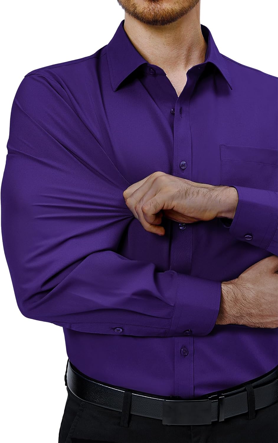 Mens Dress Shirts Stretch Long Sleeve Collared Casual Solid Wedding Dating Shirt - Bild 70 von 152