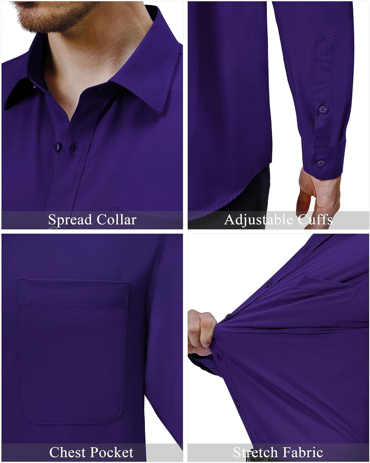 Mens Dress Shirts Stretch Long Sleeve Collared Casual Solid Wedding Dating Shirt - Bild 71 von 152