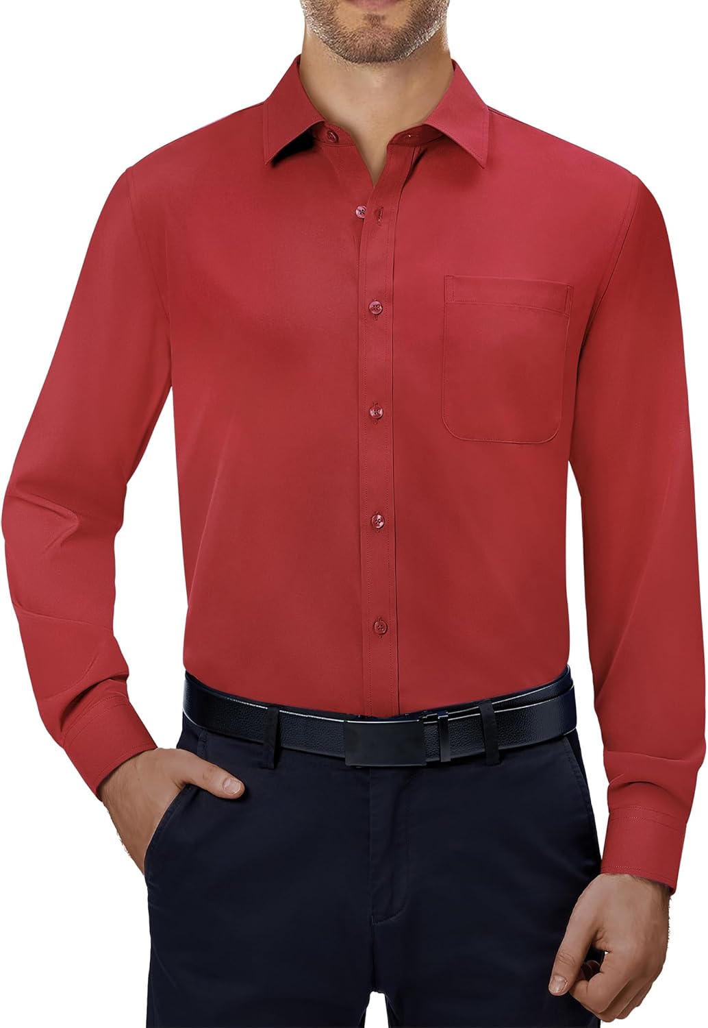 Mens Dress Shirts Stretch Long Sleeve Collared Casual Solid Wedding Dating Shirt - Bild 73 von 152