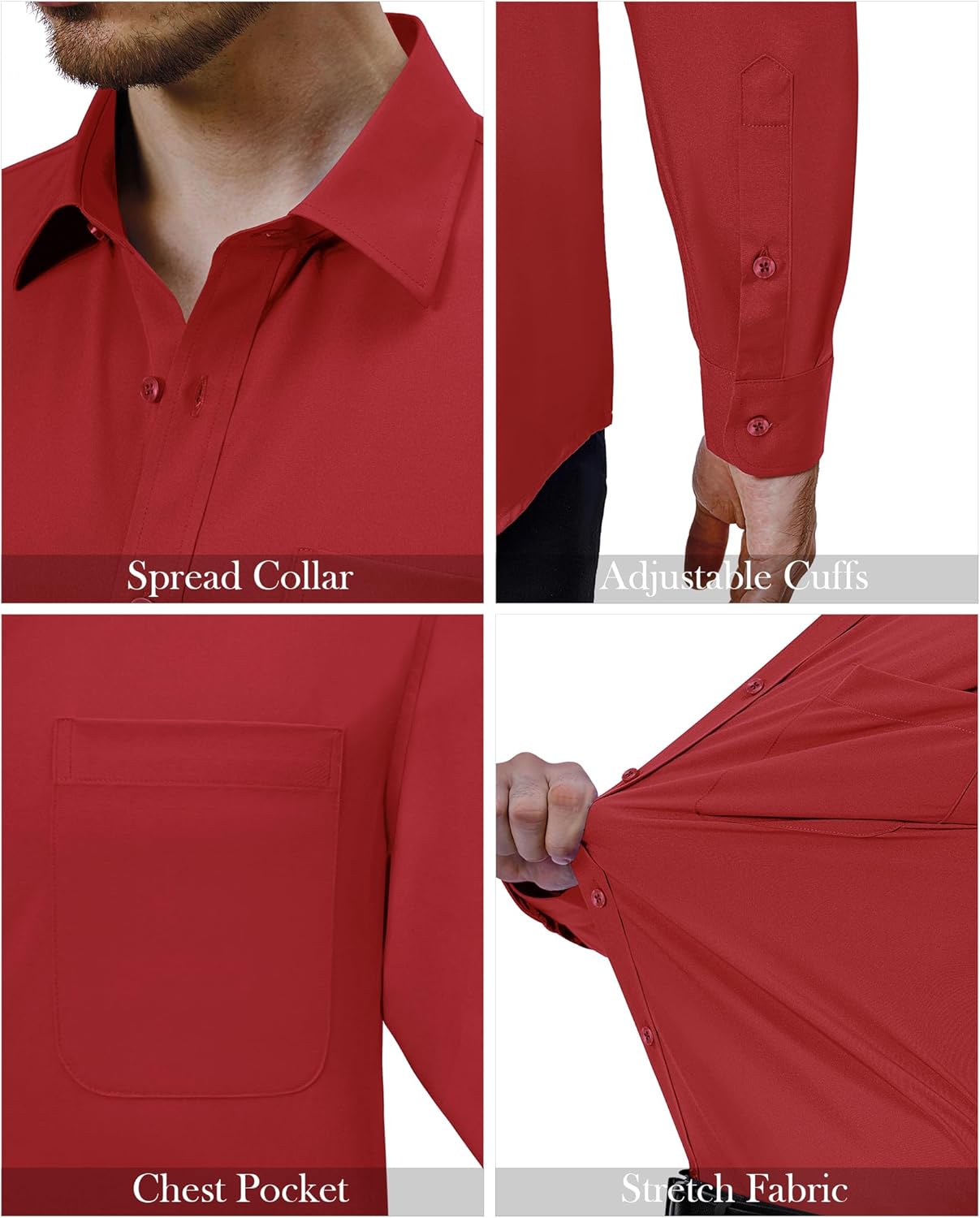 Mens Dress Shirts Stretch Long Sleeve Collared Casual Solid Wedding Dating Shirt - Bild 76 von 152