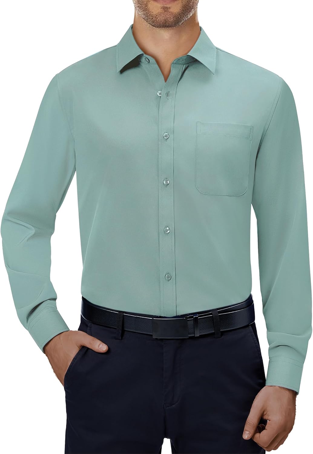 Mens Dress Shirts Stretch Long Sleeve Collared Casual Solid Wedding Dating Shirt - Bild 78 von 152