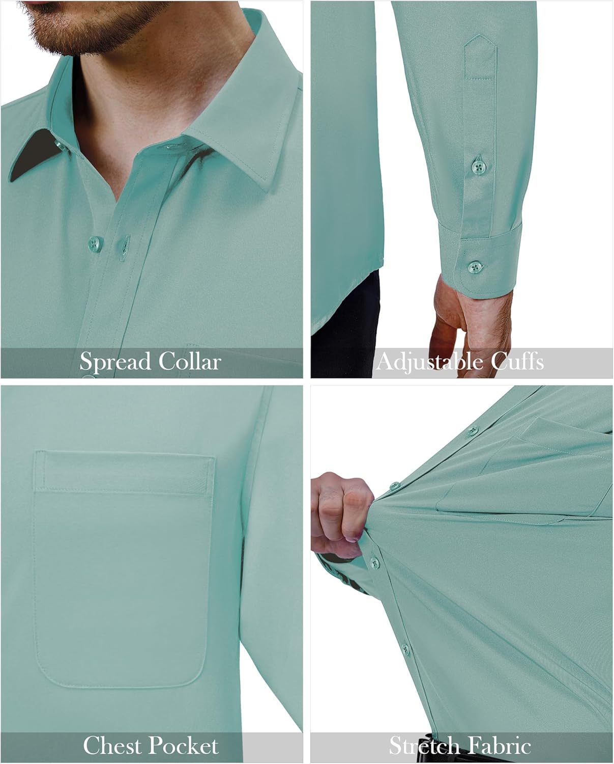 Mens Dress Shirts Stretch Long Sleeve Collared Casual Solid Wedding Dating Shirt - Bild 81 von 152