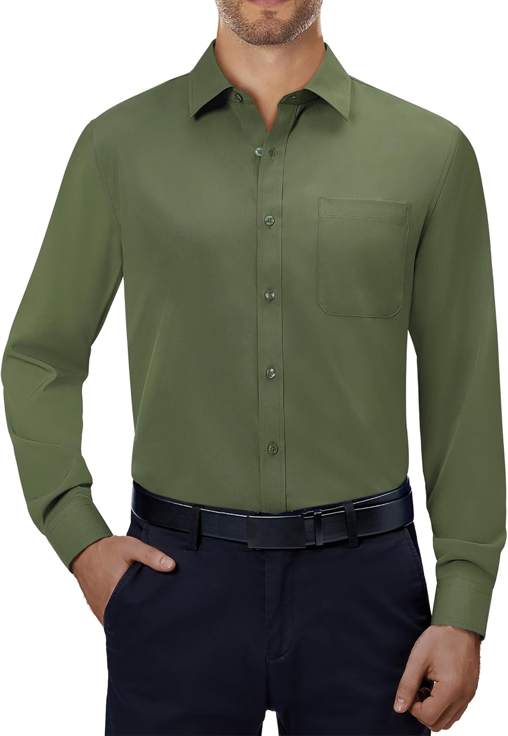 Mens Dress Shirts Stretch Long Sleeve Collared Casual Solid Wedding Dating Shirt - Bild 83 von 152