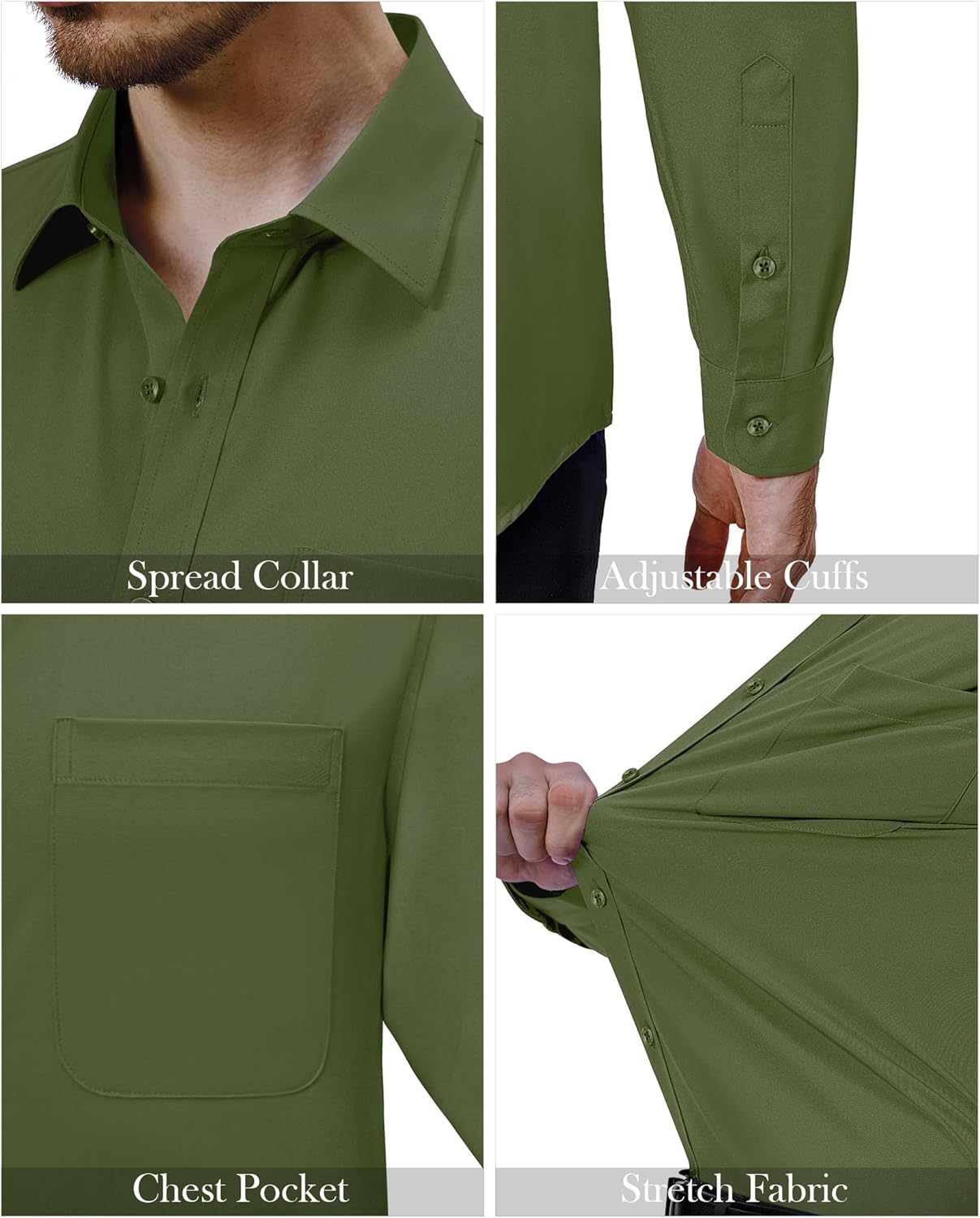 Mens Dress Shirts Stretch Long Sleeve Collared Casual Solid Wedding Dating Shirt - Bild 86 von 152