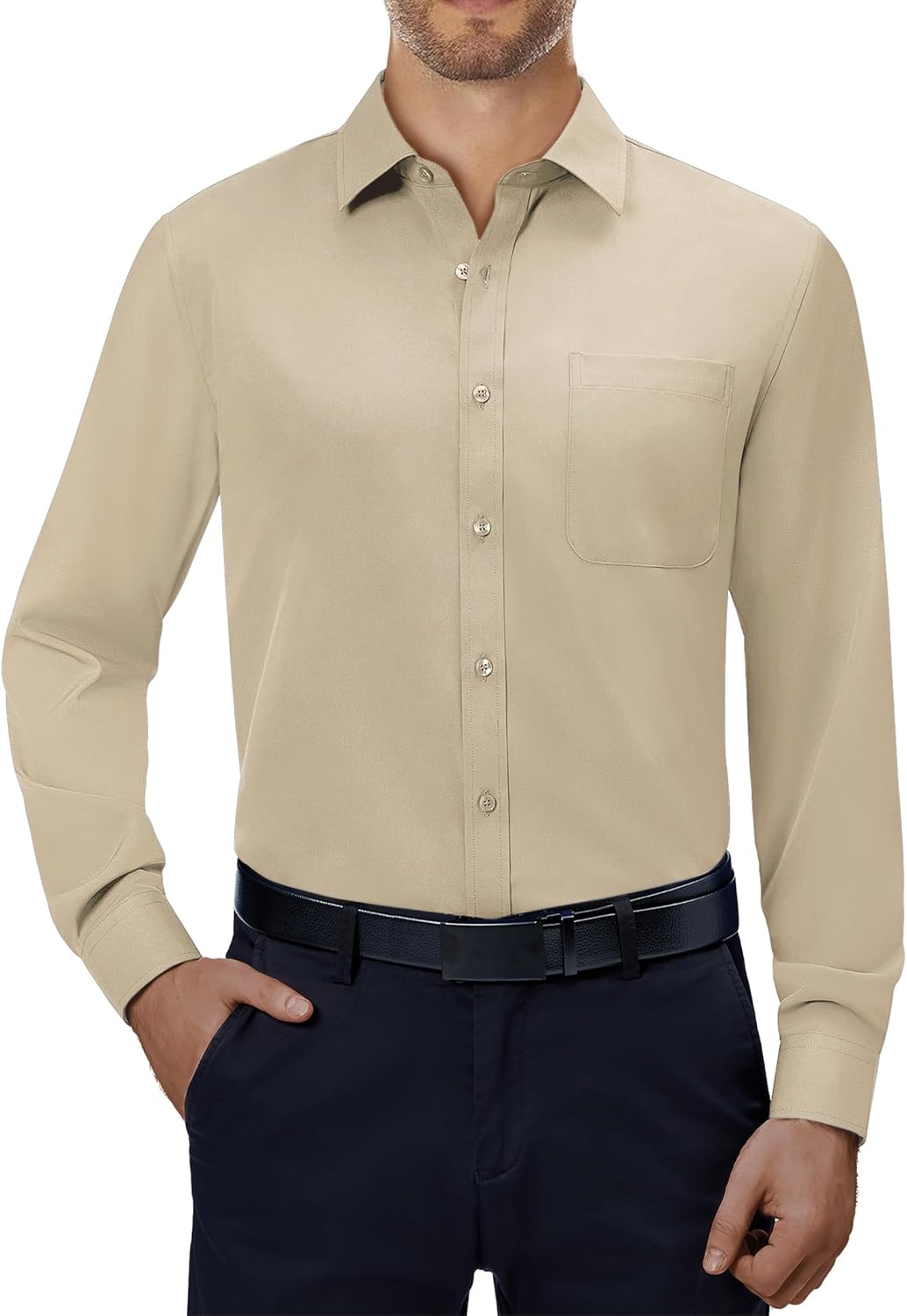 Mens Dress Shirts Stretch Long Sleeve Collared Casual Solid Wedding Dating Shirt - Bild 88 von 152
