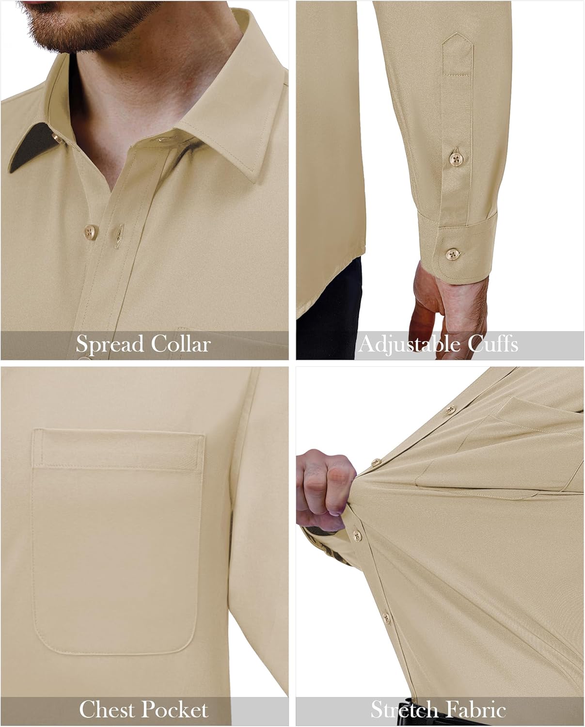 Mens Dress Shirts Stretch Long Sleeve Collared Casual Solid Wedding Dating Shirt - Bild 91 von 152