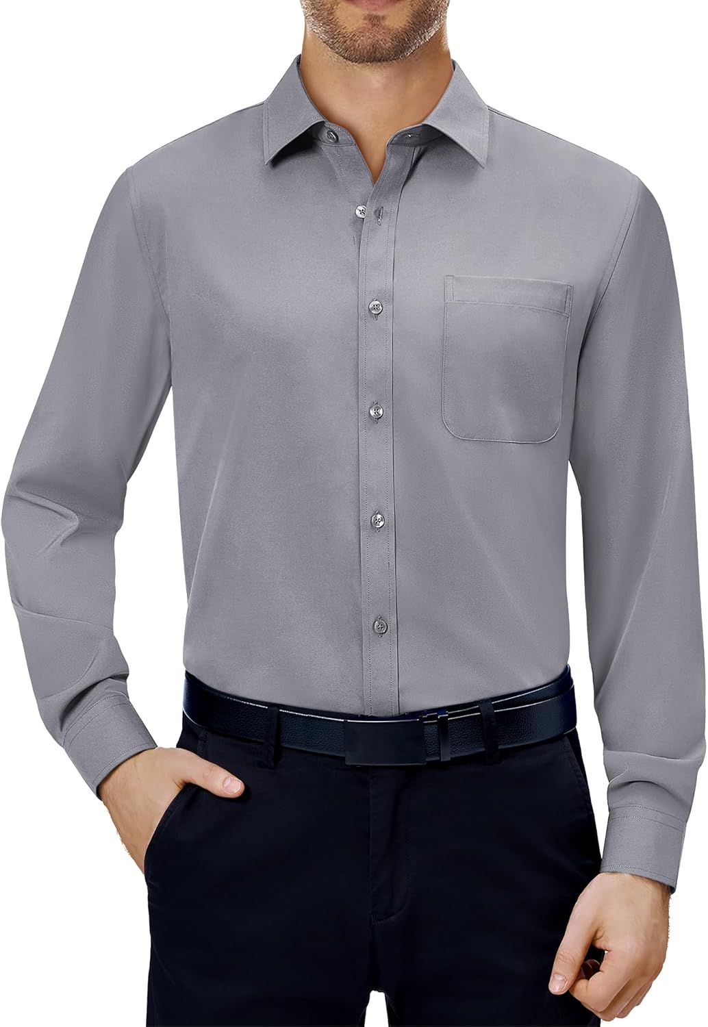 Mens Dress Shirts Stretch Long Sleeve Collared Casual Solid Wedding Dating Shirt - Bild 98 von 152