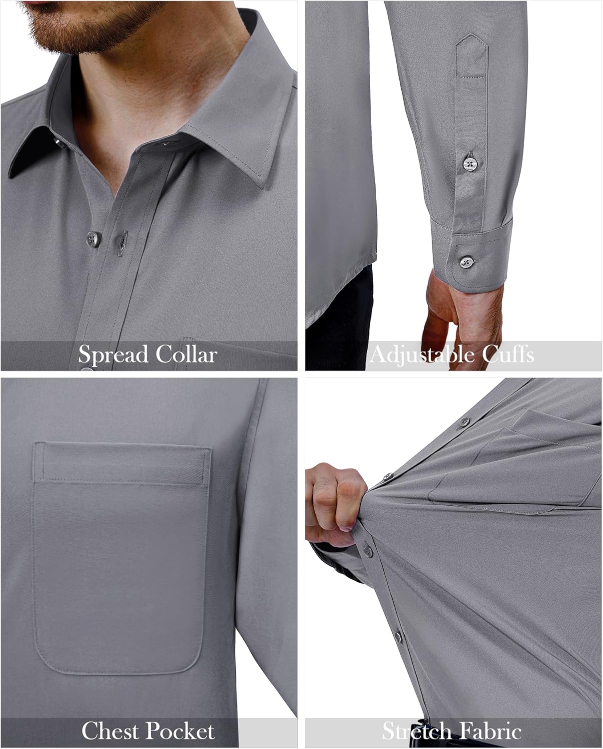 Mens Dress Shirts Stretch Long Sleeve Collared Casual Solid Wedding Dating Shirt - Bild 101 von 152