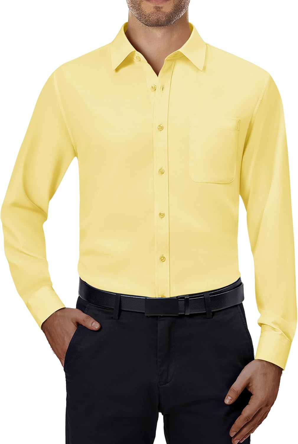Mens Dress Shirts Stretch Long Sleeve Collared Casual Solid Wedding Dating Shirt - Bild 103 von 152