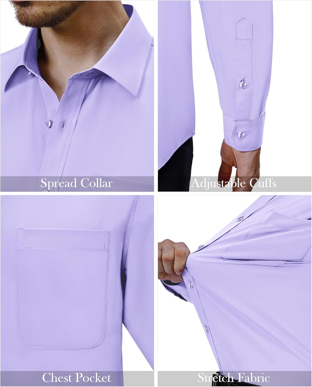 Mens Dress Shirts Stretch Long Sleeve Collared Casual Solid Wedding Dating Shirt - Bild 111 von 152