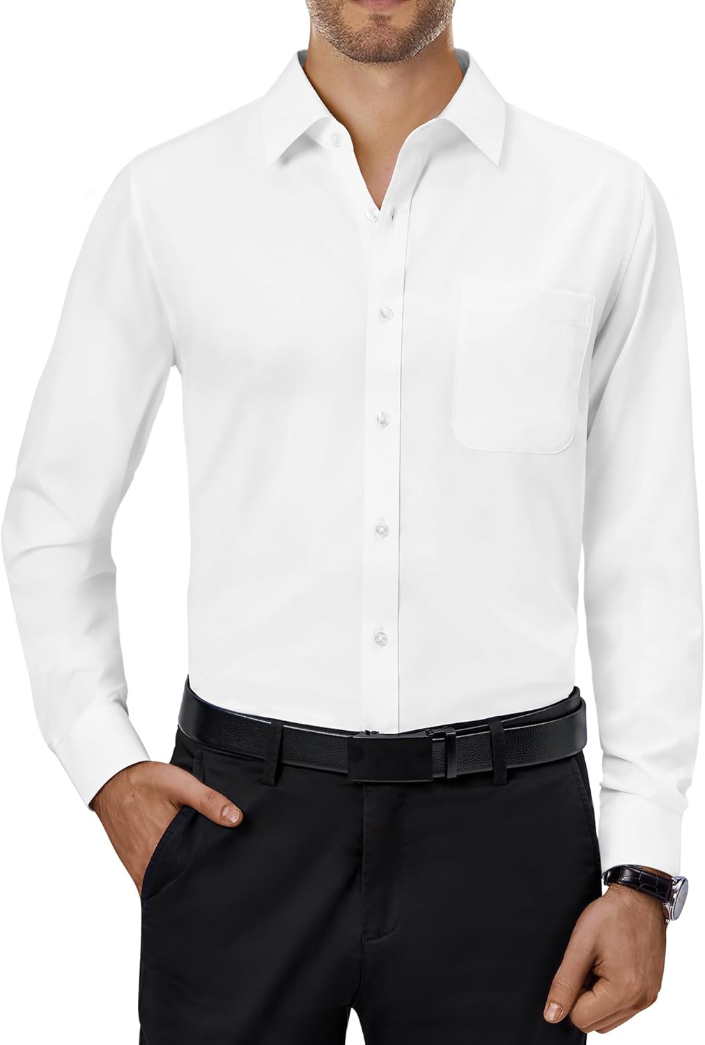 Mens Dress Shirts Stretch Long Sleeve Collared Casual Solid Wedding Dating Shirt - Bild 113 von 152