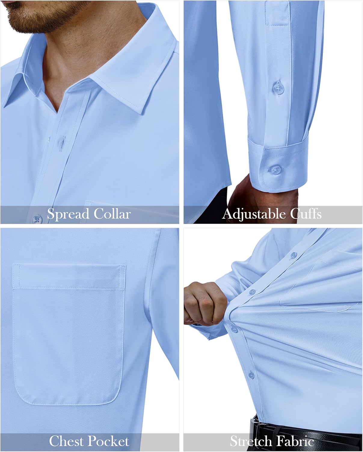 Mens Dress Shirts Stretch Long Sleeve Collared Casual Solid Wedding Dating Shirt - Bild 121 von 152