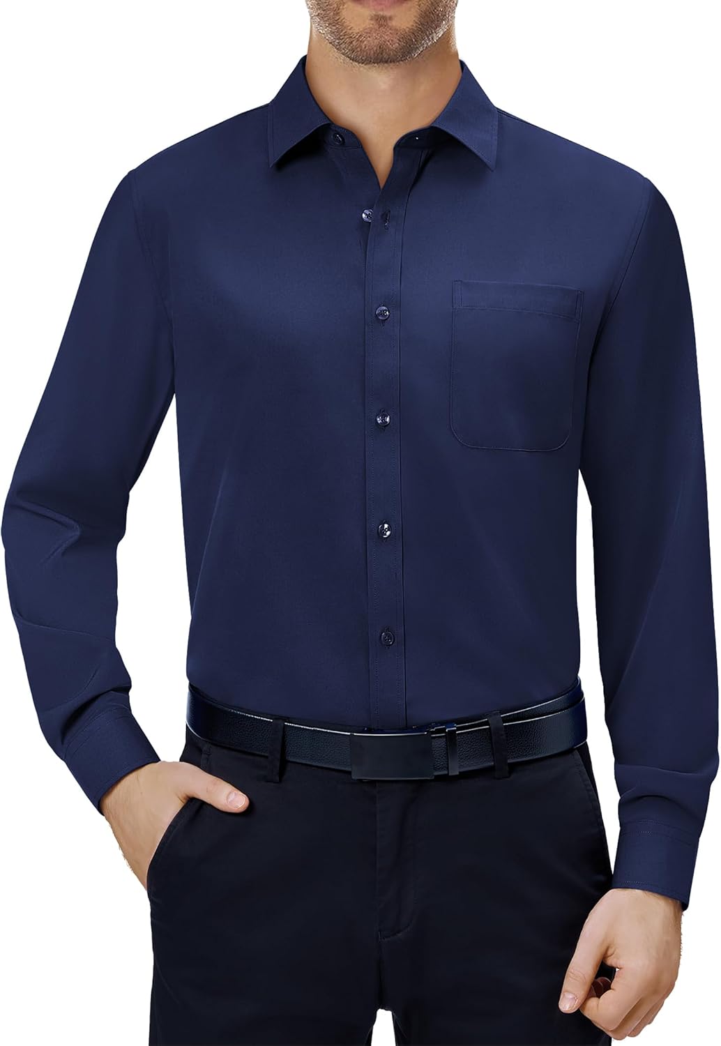 Mens Dress Shirts Stretch Long Sleeve Collared Casual Solid Wedding Dating Shirt - Bild 123 von 152