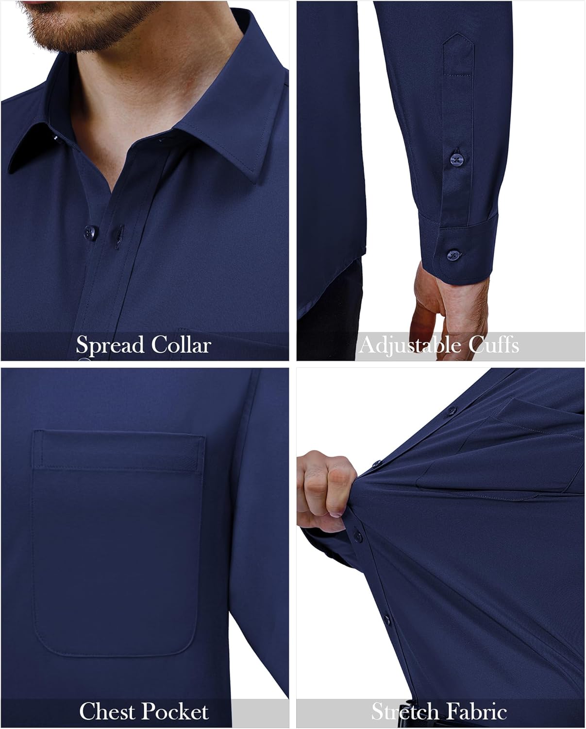 Mens Dress Shirts Stretch Long Sleeve Collared Casual Solid Wedding Dating Shirt - Bild 126 von 152