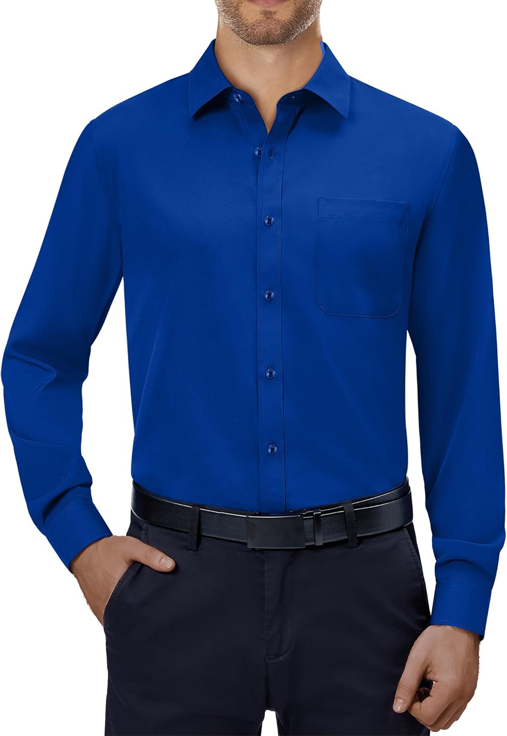 Mens Dress Shirts Stretch Long Sleeve Collared Casual Solid Wedding Dating Shirt - Bild 128 von 152