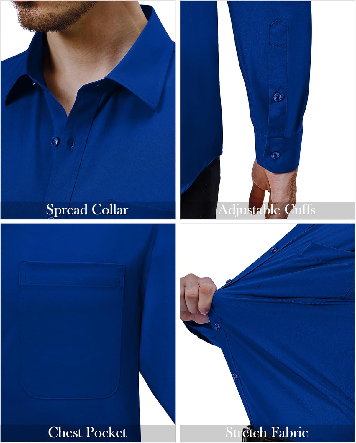 Mens Dress Shirts Stretch Long Sleeve Collared Casual Solid Wedding Dating Shirt - Bild 131 von 152