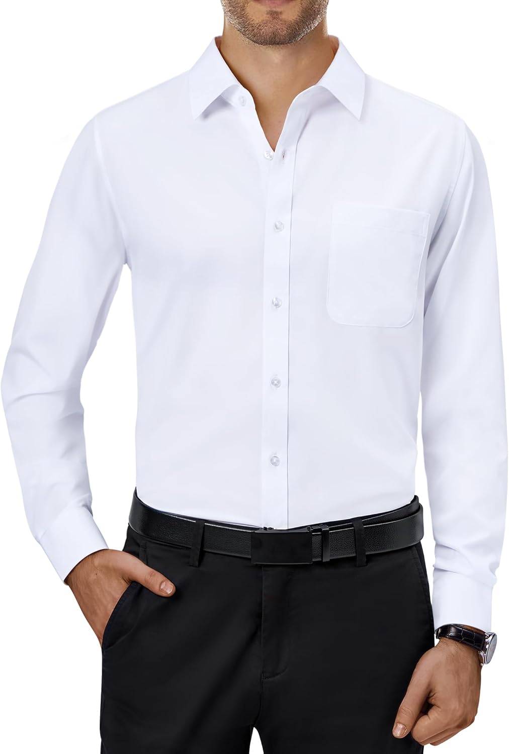 Mens Dress Shirts Stretch Long Sleeve Collared Casual Solid Wedding Dating Shirt - Bild 133 von 152