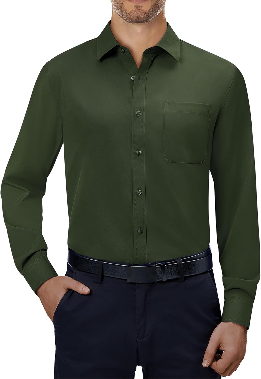 Mens Dress Shirts Stretch Long Sleeve Collared Casual Solid Wedding Dating Shirt - Bild 138 von 152