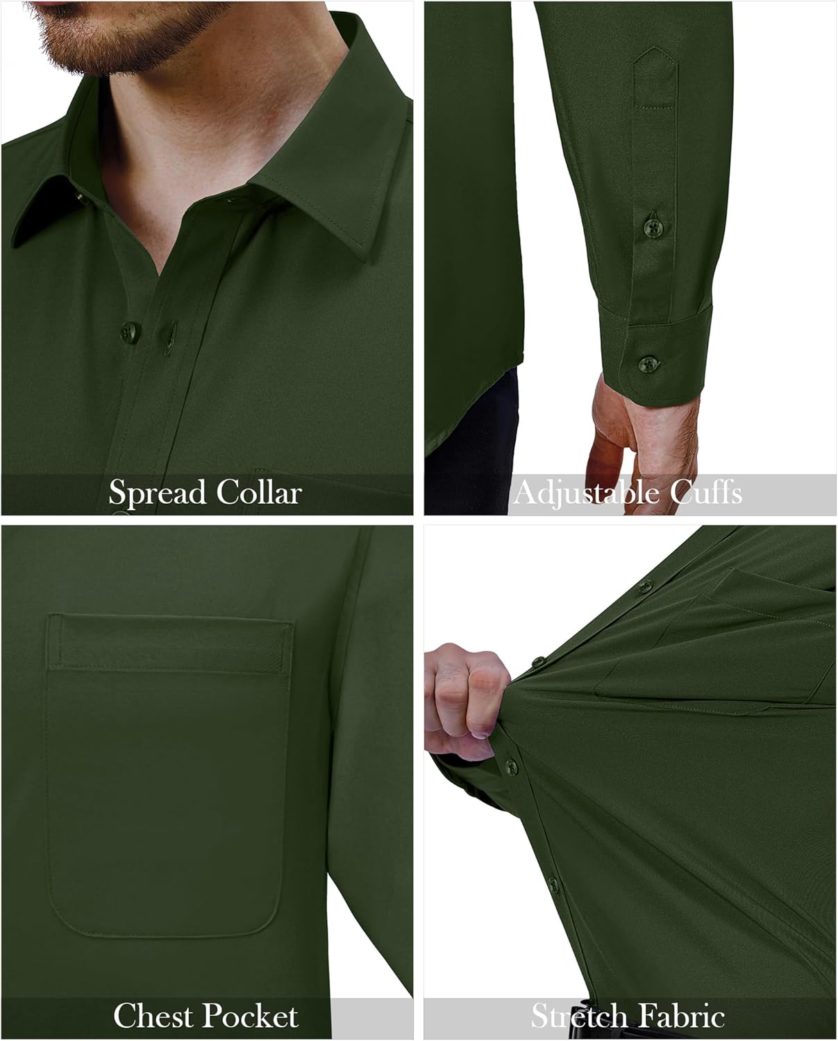 Mens Dress Shirts Stretch Long Sleeve Collared Casual Solid Wedding Dating Shirt - Bild 141 von 152