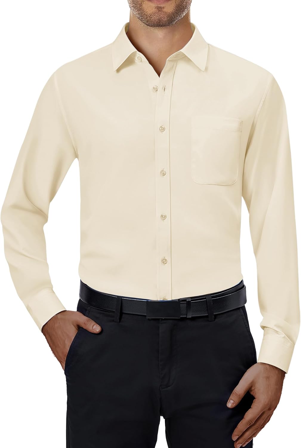 Mens Dress Shirts Stretch Long Sleeve Collared Casual Solid Wedding Dating Shirt - Bild 143 von 152