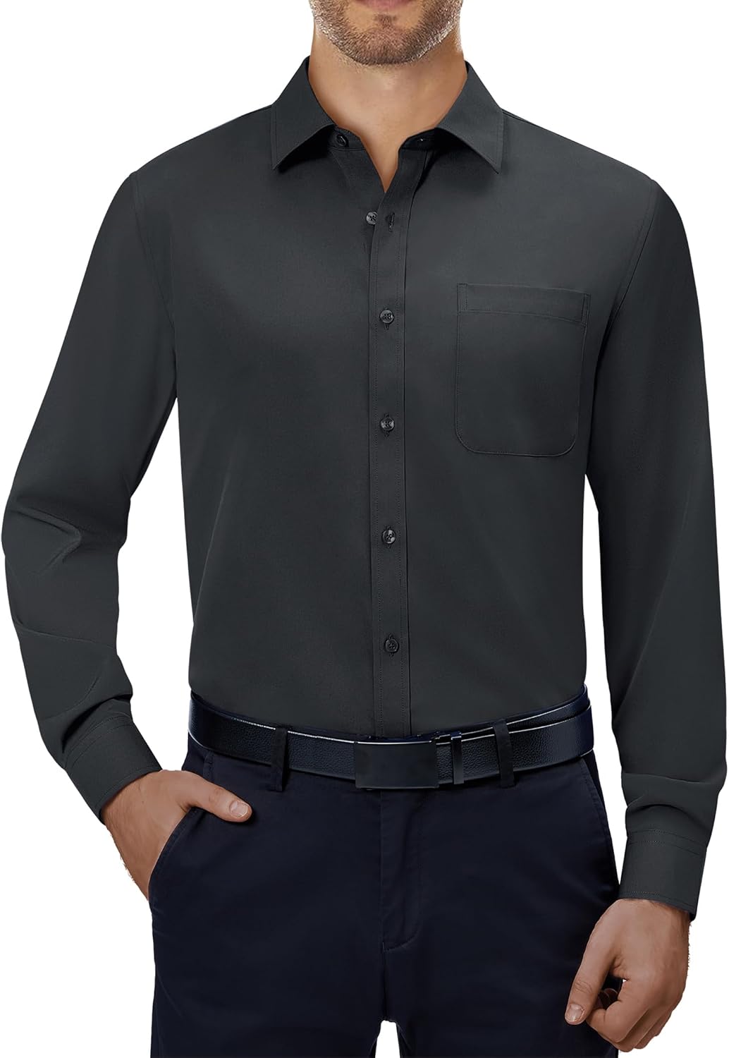 Mens Dress Shirts Stretch Long Sleeve Collared Casual Solid Wedding Dating Shirt - Bild 148 von 152