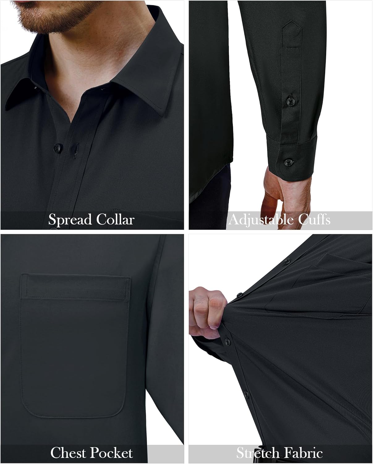 Mens Dress Shirts Stretch Long Sleeve Collared Casual Solid Wedding Dating Shirt - Bild 151 von 152