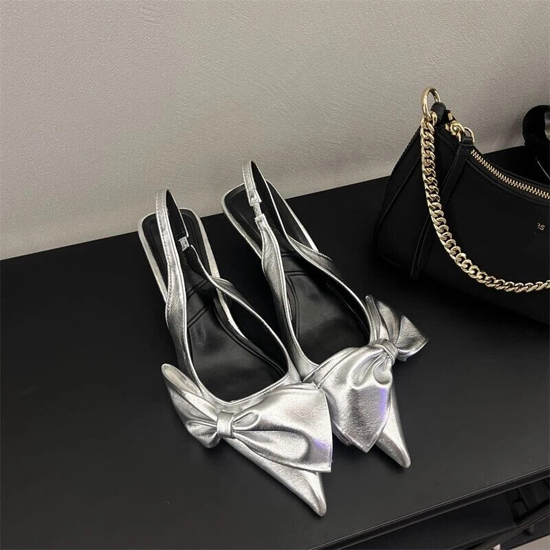 Women Pointed Toe Mid Kitten Heel Bowties Slingback Shoes Sandals Dress Pumps - Picture 15 of 15