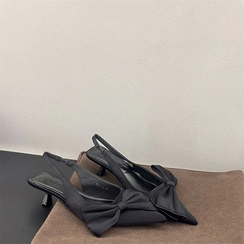 Women Pointed Toe Mid Kitten Heel Bowties Slingback Shoes Sandals Dress Pumps - Picture 14 of 15