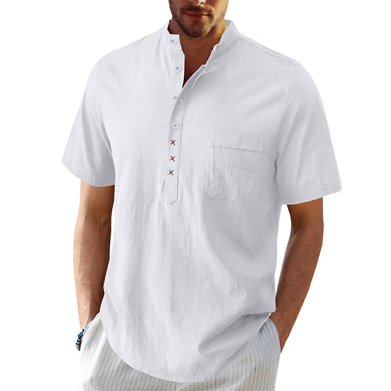 Men's Hawaiian Short Sleeve Beach Shirt Henry Shirt Holiday Cotton Linen Shirt - Picture 25 of 30