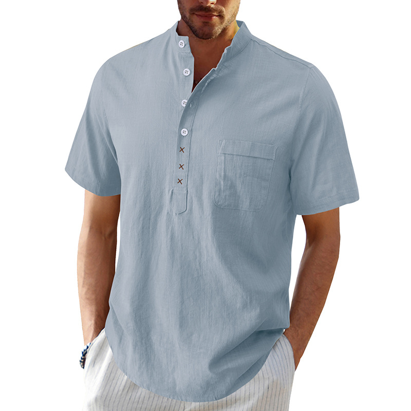 Men's Hawaiian Short Sleeve Beach Shirt Henry Shirt Holiday Cotton Linen Shirt - Picture 27 of 30