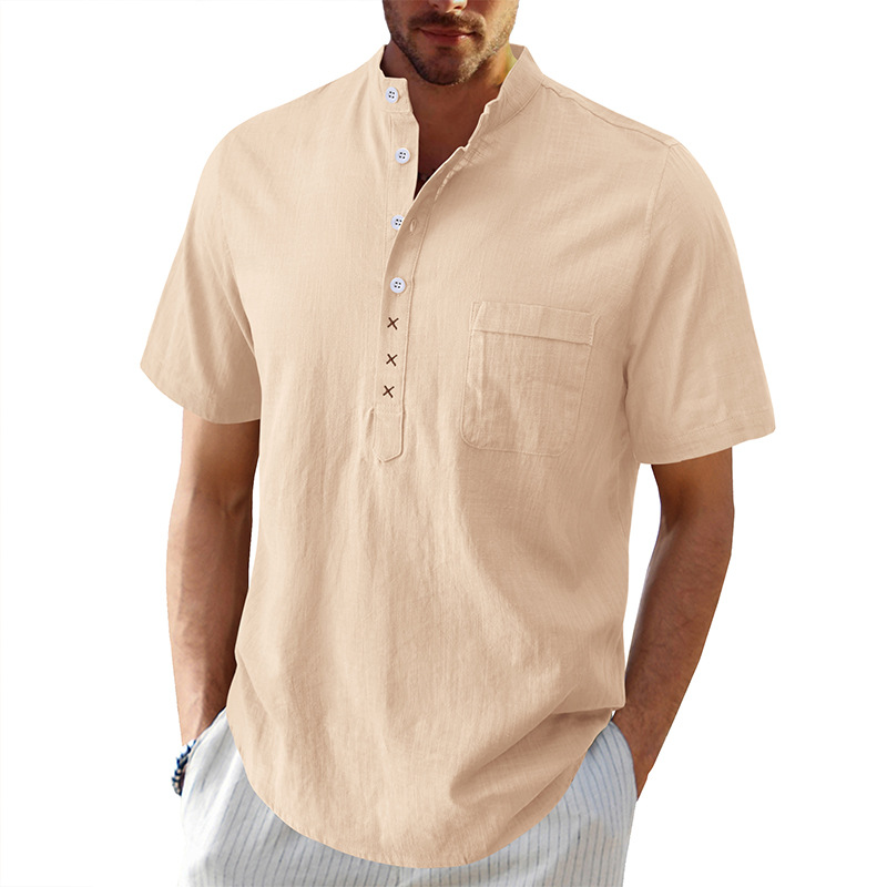 Men's Hawaiian Short Sleeve Beach Shirt Henry Shirt Holiday Cotton Linen Shirt - Picture 28 of 30