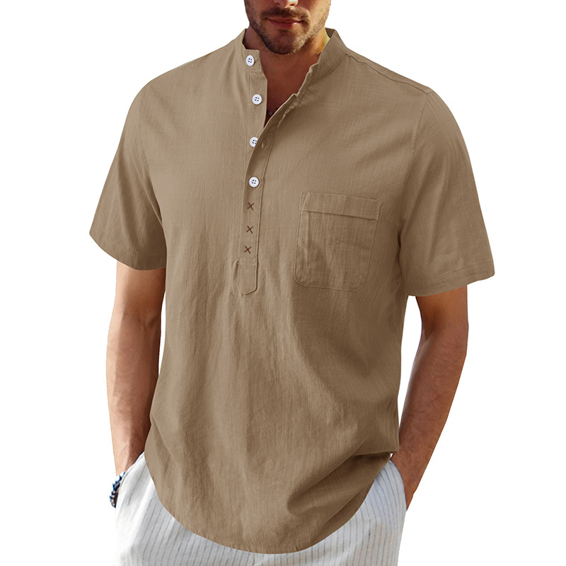 Men's Hawaiian Short Sleeve Beach Shirt Henry Shirt Holiday Cotton Linen Shirt - Picture 29 of 30