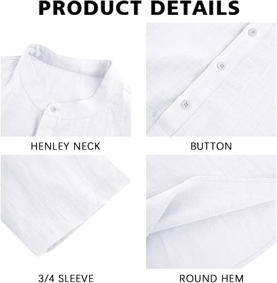 Herren Freizeit Leinen Baumwolle 3/4 Arm Henley T-Shirt - leichtes Sommer Oberteil - Bild 16 von 39