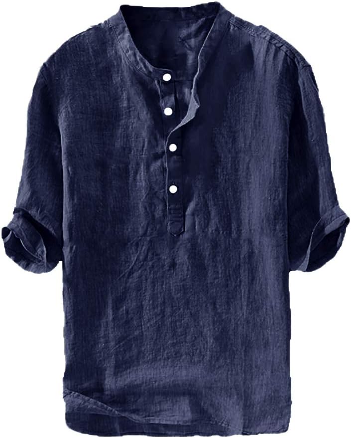 Herren Freizeit Leinen Baumwolle 3/4 Arm Henley T-Shirt - leichtes Sommer Oberteil - Bild 17 von 39