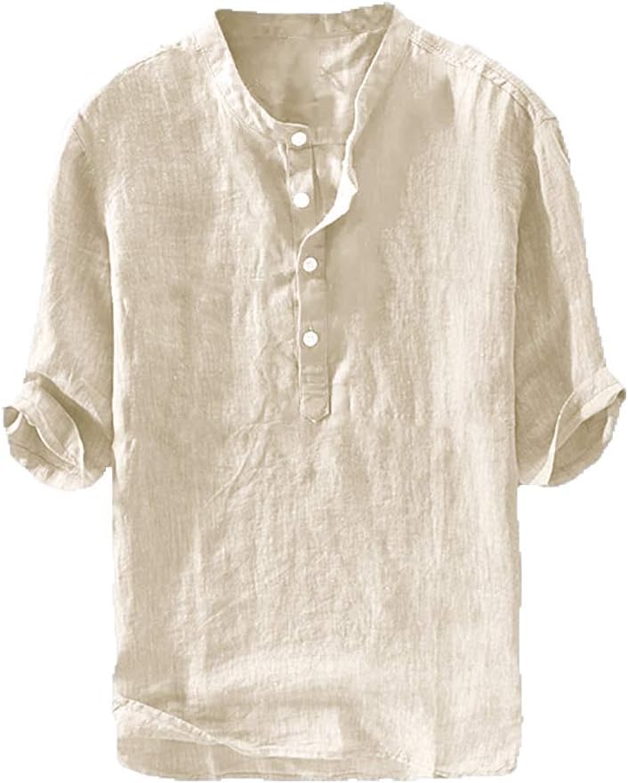 Herren Freizeit Leinen Baumwolle 3/4 Arm Henley T-Shirt - leichtes Sommer Oberteil - Bild 23 von 39