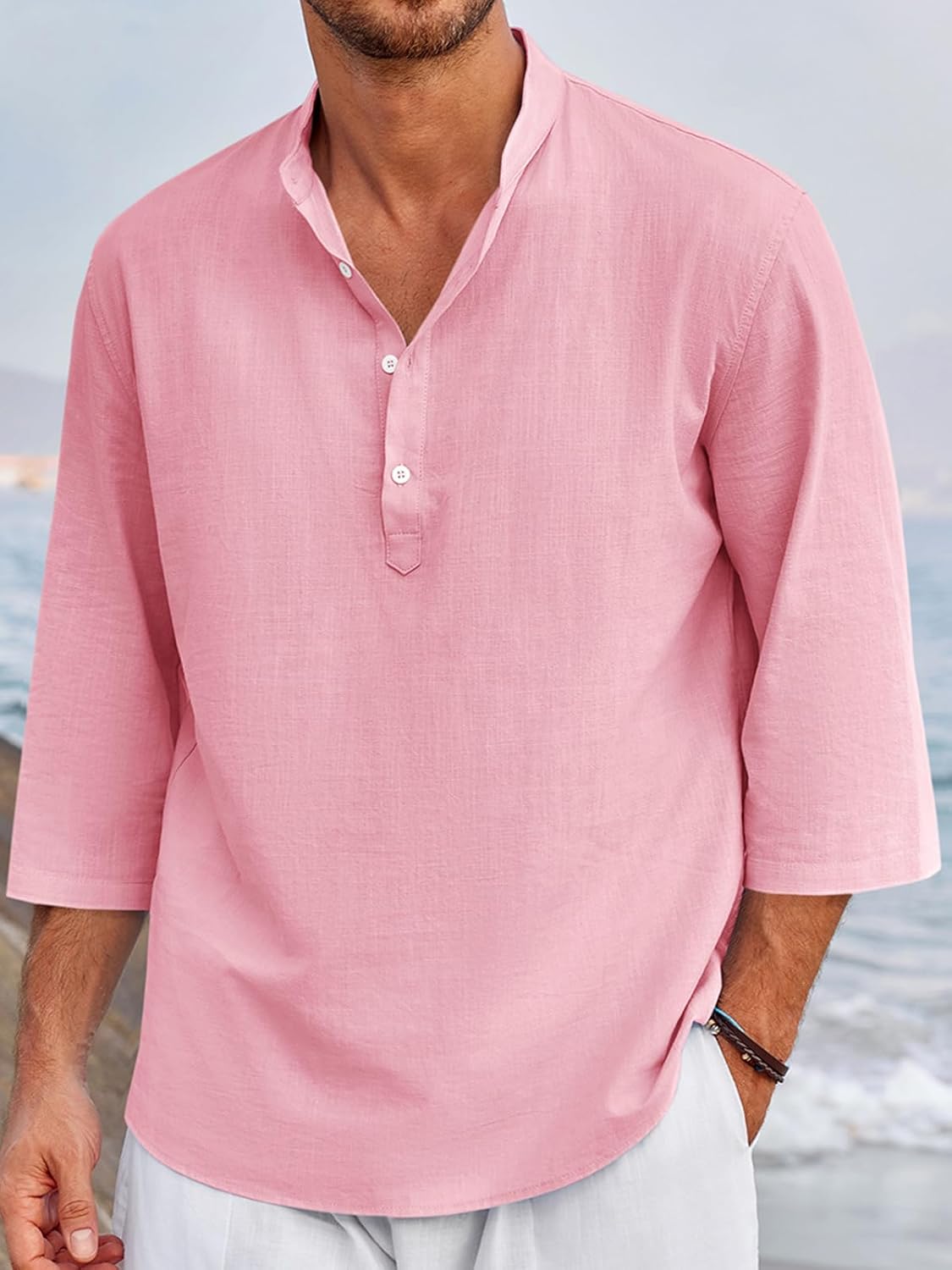 Herren Freizeit Leinen Baumwolle 3/4 Arm Henley T-Shirt - leichtes Sommer Oberteil - Bild 29 von 39