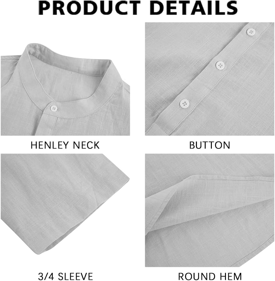 Herren Freizeit Leinen Baumwolle 3/4 Arm Henley T-Shirt - leichtes Sommer Oberteil - Bild 33 von 39