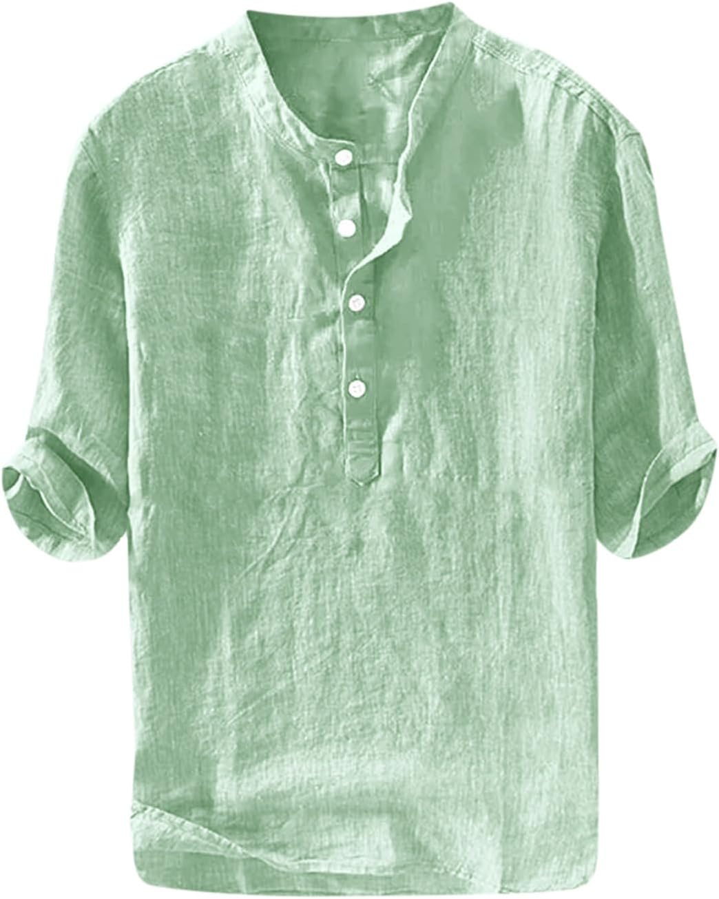 Herren Freizeit Leinen Baumwolle 3/4 Arm Henley T-Shirt - leichtes Sommer Oberteil - Bild 38 von 39