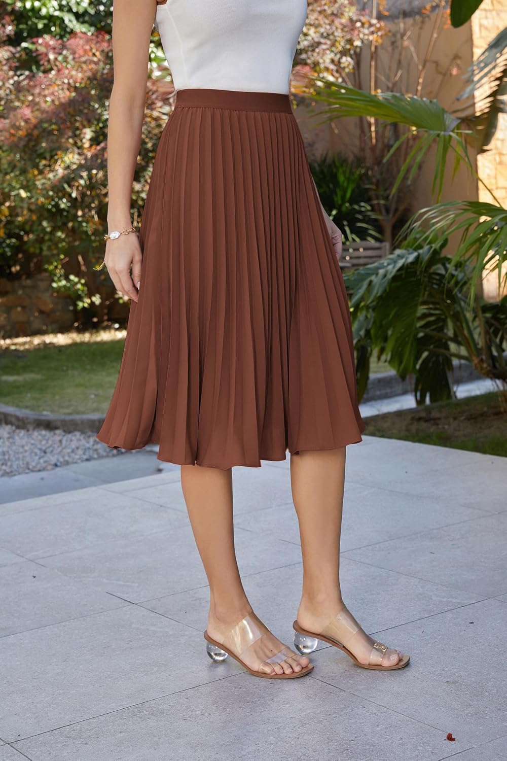 Women High Elastic Waist Pleated Chiffon Skirt Midi Swing A-line Skirts - Picture 29 of 168